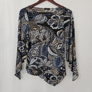 Benzene Girl Long Sleeve Boat Neck Blouse in Brown & Blue Paisley Print
